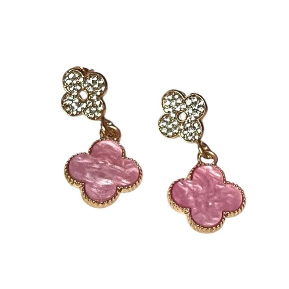 Designer Inspired Elegant Pink Clover Crystal Gold Tone Dangle Earrings - Picture 2 of 4